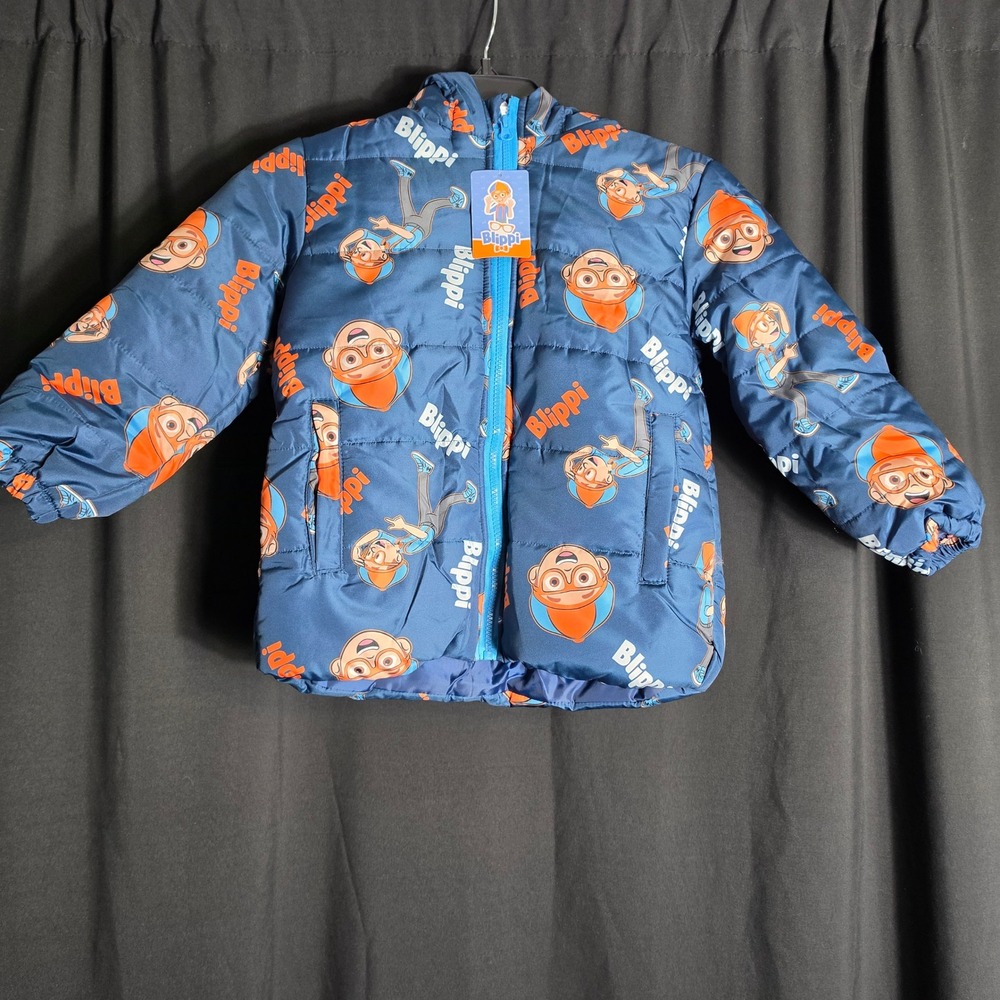 Blippi Boys Girls Navy Blue Quilted‎ Puffer Jacket Hooded Character Print Size 8
